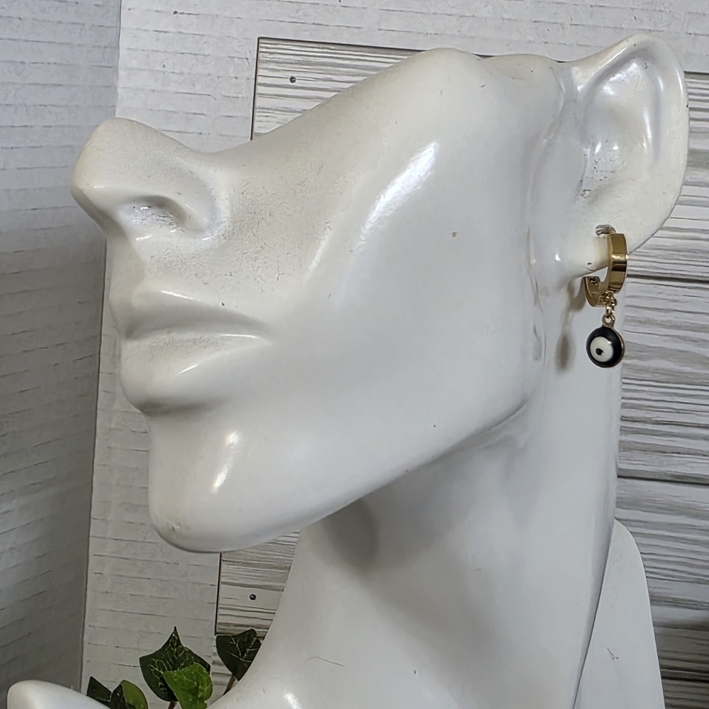 Gold Stainless Steel Huggie Hoop Earrings with Evil Eye Charm - Picture 16 of 17